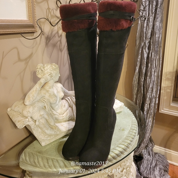 Ugg Ophira Suede Over The Knee Boots Lamb Fur Cuff Designer Heeled Boot #680 - Picture 11 of 17